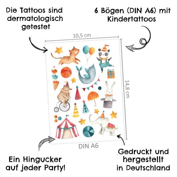 100 Kindertattoos gemischt mit Zirkus, Meerjungfrauen, Weltraum, Dinos, Tieren,..